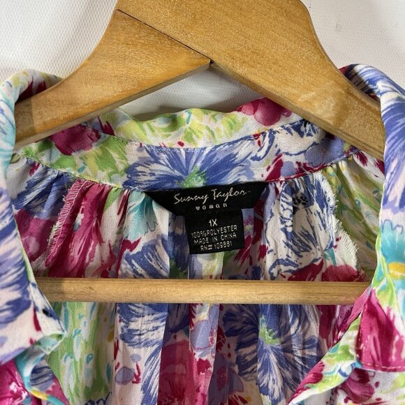 Sunny Taylor Womens Blouse Top Size 1X Multicolor Sheer Floral Button-Down - Picture 3 of 10